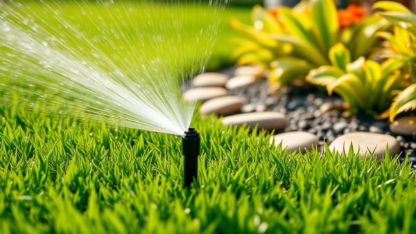Lawn being watered by a sprinkler, Muskegon landscaping service.