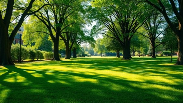 Healthy green lawn under trees, ideal for lawn fertilization and overseeding.