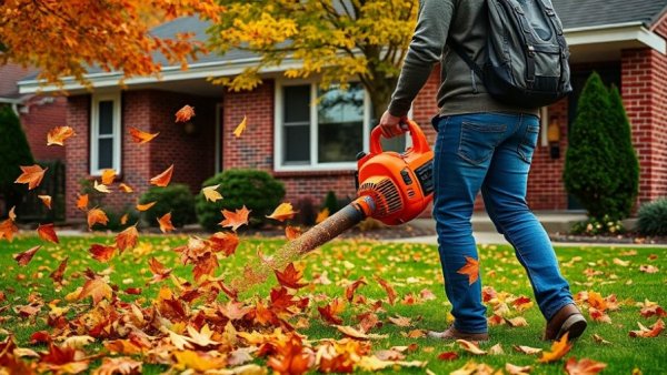 Backpack blower clearing leaves in Muskegon backyard