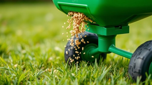 Close-up of lawn spreader dispersing granules for fall lawn fertilizer timing.