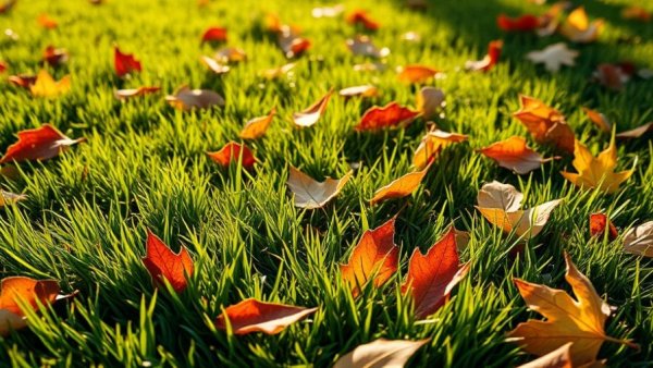 Lawn with autumn leaves, showing fertilization results and weed control.