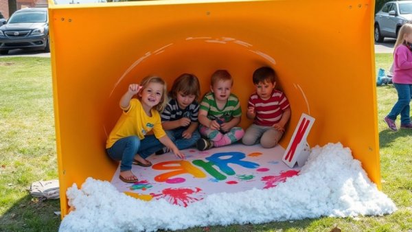 Children painting inside a snowplow blade, creative community event.