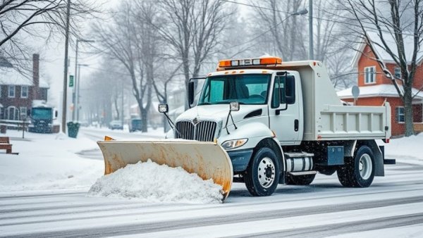 Snow removal services Muskegon with truck plowing snowy street