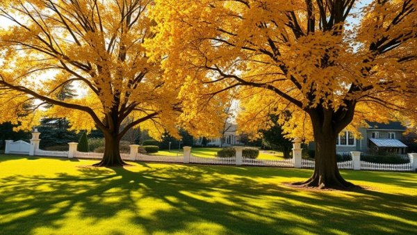 Autumn trees and green lawn in sunny park, highlighting Muskegon lawn care.