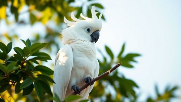 White cockatoo perched on tree branch, lush leaves in background.
