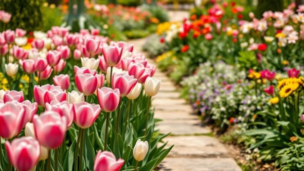 Lush garden with tulips and greenery, suggesting fertilization services.