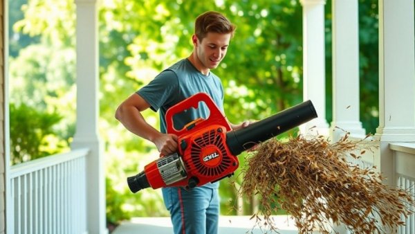 Using Skil 40V 650 CFM leaf blower on porch in sunny weather.