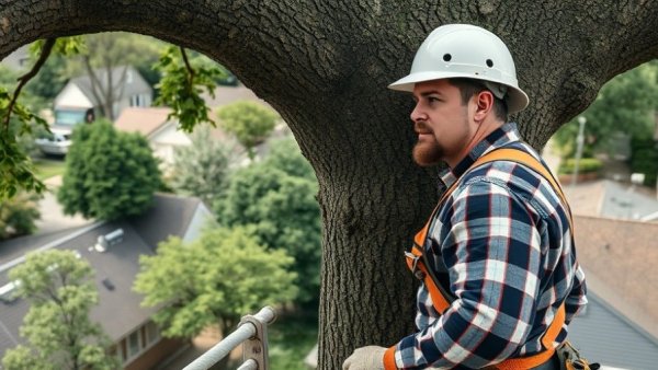 Arborist in cherry picker performing tree assessment.