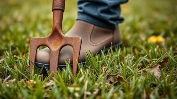 Person using gardening fork on lawn, promoting lawn care services.