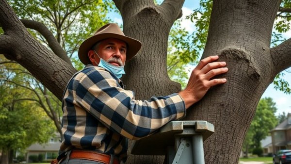 Arborist in cherry picker assessing tree in Sonora.