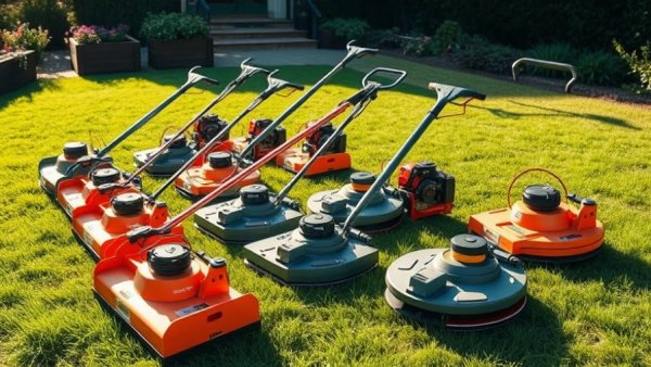 Modern brush cutters on grass in bright sunlight, best brush cutters of 2026.