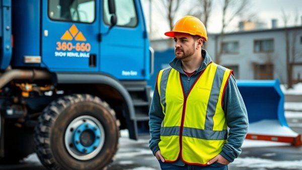 Snow removal services in Muskegon featuring a worker examining a blue truck.