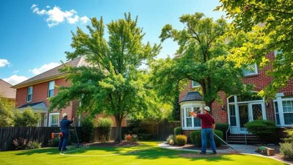Affordable arborist care scene in sunny suburban yard