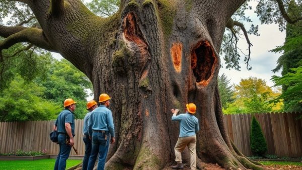 Arborists consult before tree removal in a backyard