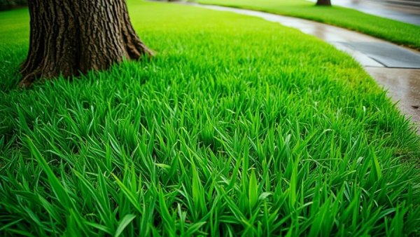 Vibrant lawn post-rain with tree and path illustrating lawn care tips for rainy weather.