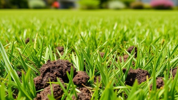 Freshly aerated lawn with soil plugs scattered across grass.