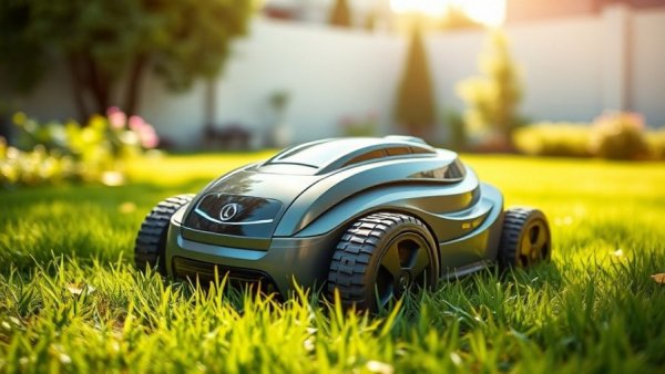 Automated lawn mower trimming grass in sunny Shelby MI backyard