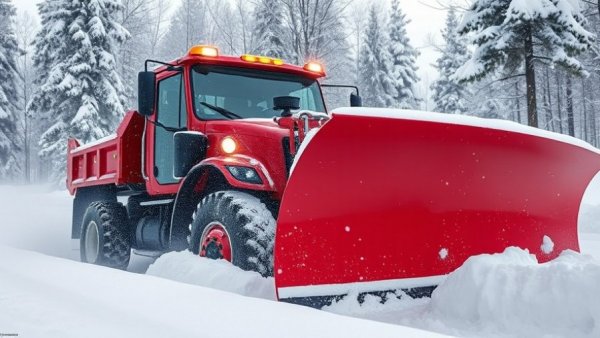 Snow removal services Muskegon: red snowplow clearing snow.
