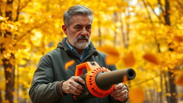 Man using battery lawn gear in autumn foliage Muskegon