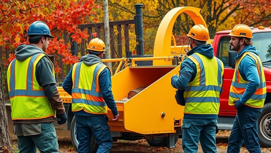 Tree care professionals in Vermont collaborating on pruning techniques amid autumn foliage.