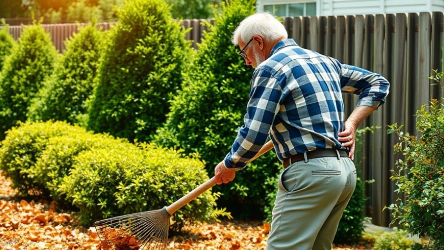 Older man raking leaves outdoors, highlighting lawn care safety and injury prevention.