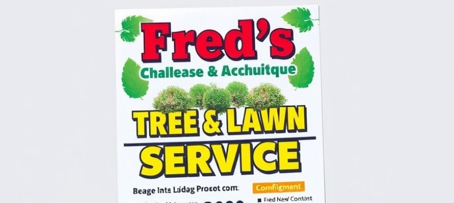 Colorful flyer for Fred's Tree & Lawn Service promoting tree care in Pittsburgh