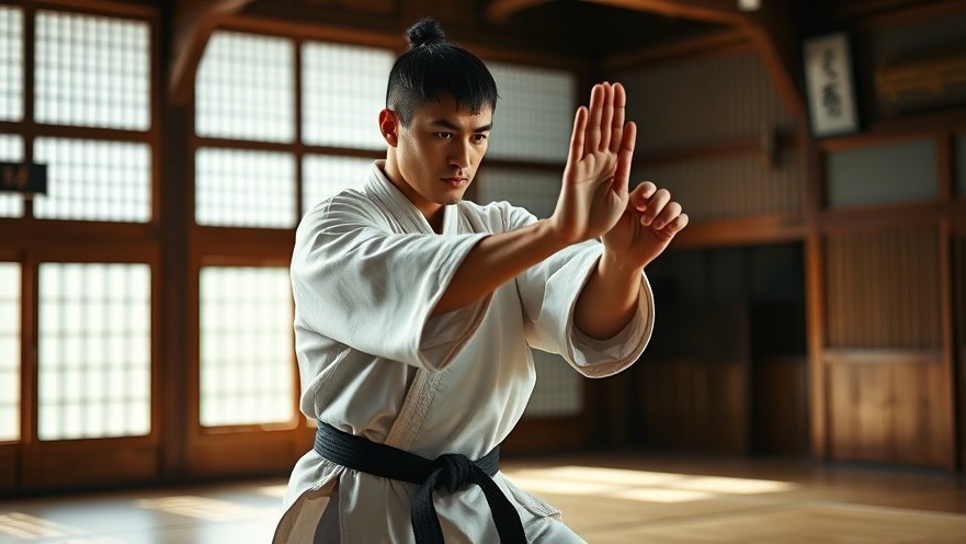 Focused martial artist in gi practicing stance at a Gurnee karate academy dojo.