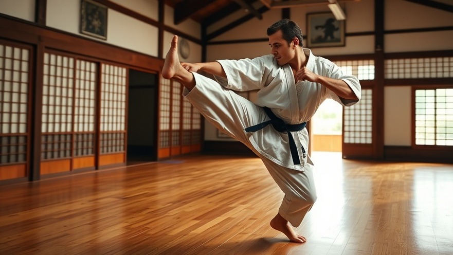 Karate lessons in Gurnee: martial artist executing a dynamic jump kick in a traditional dojo.
