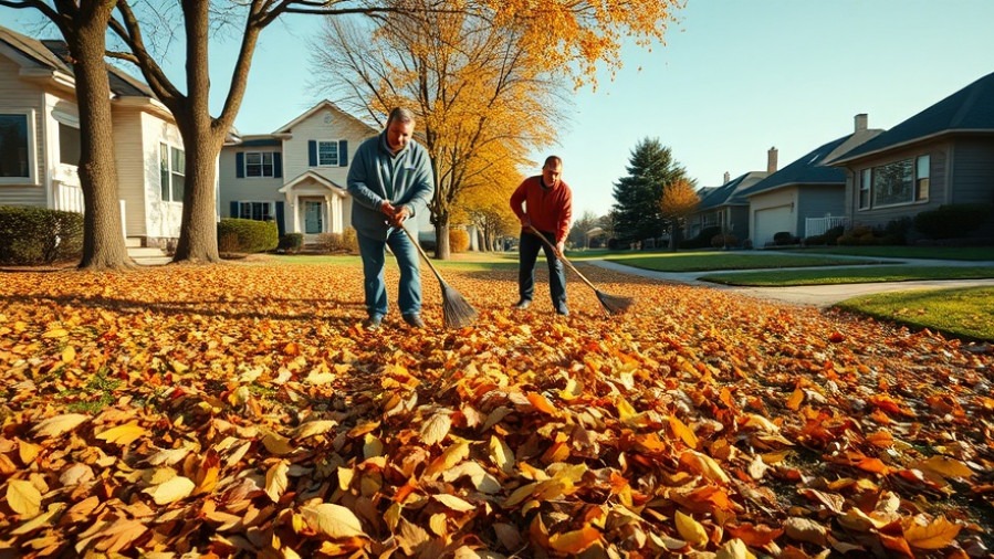 Men performing leaf cleanup services in a suburban neighborhood during fall.