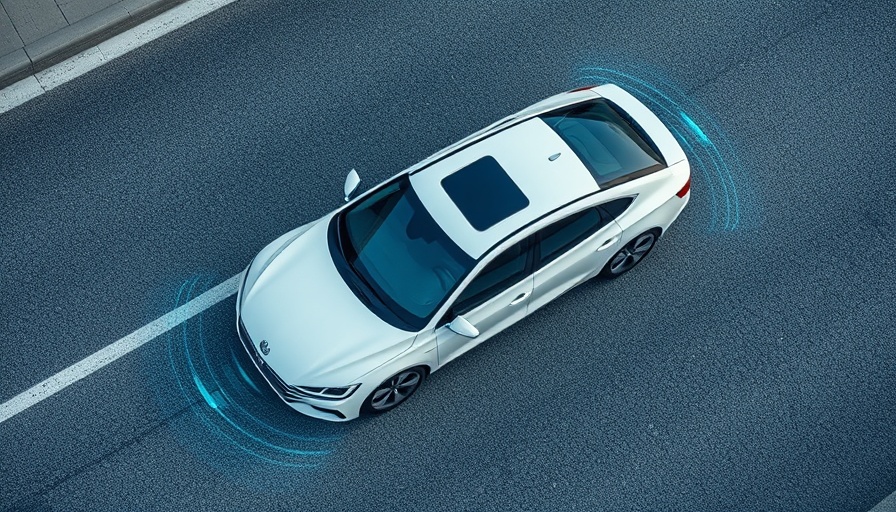 Aerial view of car with self-driving sensor waves on asphalt road