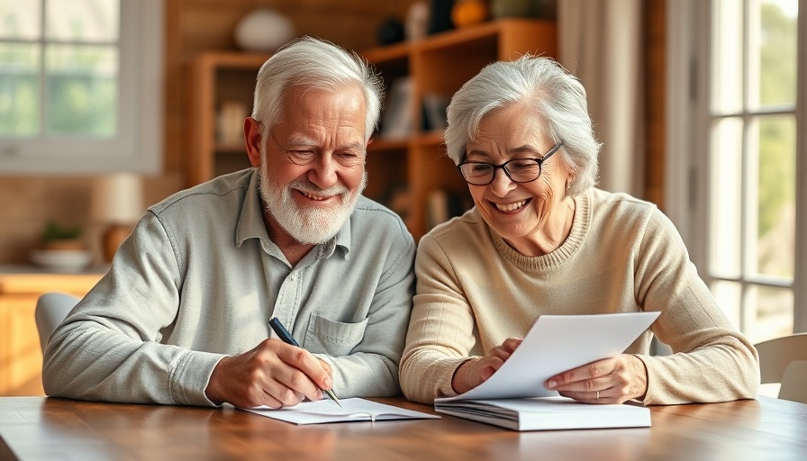 Older couple managing finances with a smile in a cozy room.