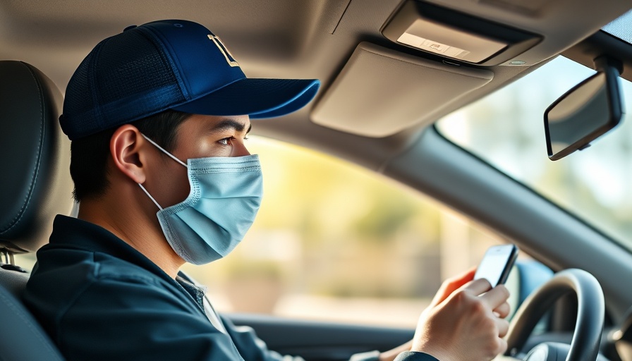 Ride-share driver with mask using GPS, Uber stock concept.
