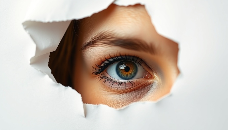 Intrigued young woman peering through a torn paper opening, highlighting autistic strengths.
