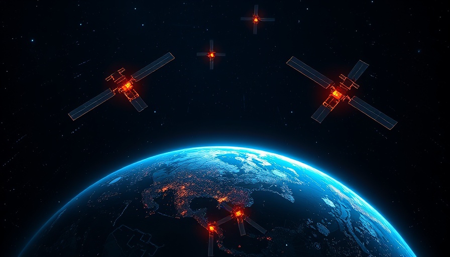 Futuristic digital art of satellites transmitting data around Earth.
