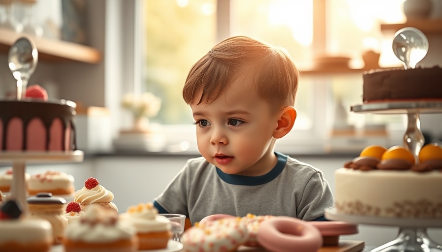 Early sugar exposure: toddler surrounded by desserts in a kitchen.