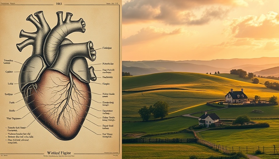 Anatomical heart and rural landscape illustrate heart disease deaths concept.