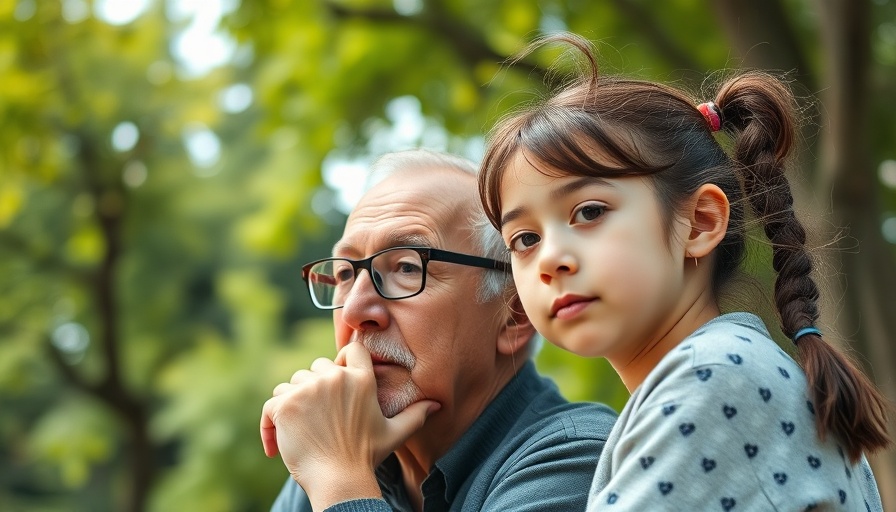 Older man and young girl posing outdoors, contemplating in natural setting.