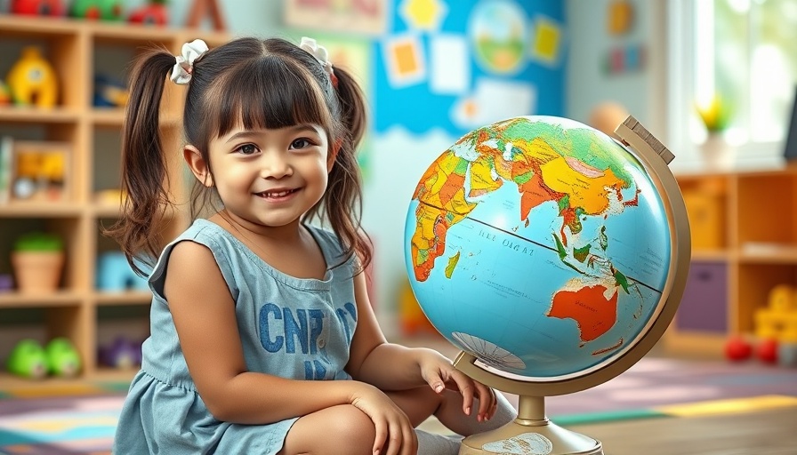 Child learning bilingualism benefits with a globe in playroom.