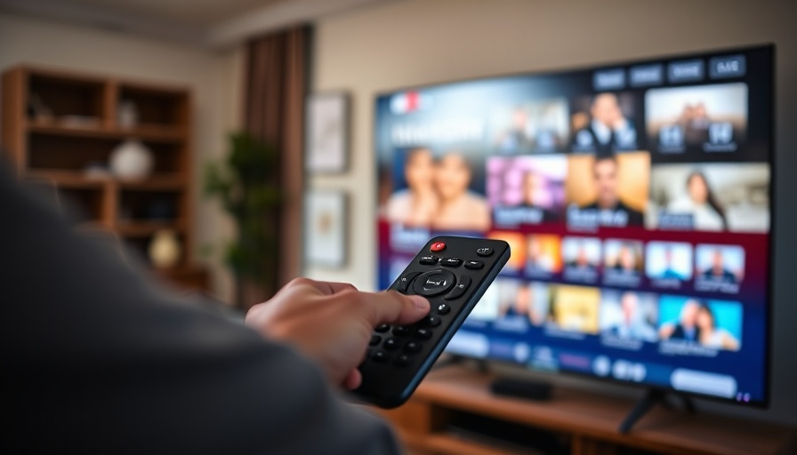Close-up of TV remote pointing at streaming screen, fuboTV stock concept.