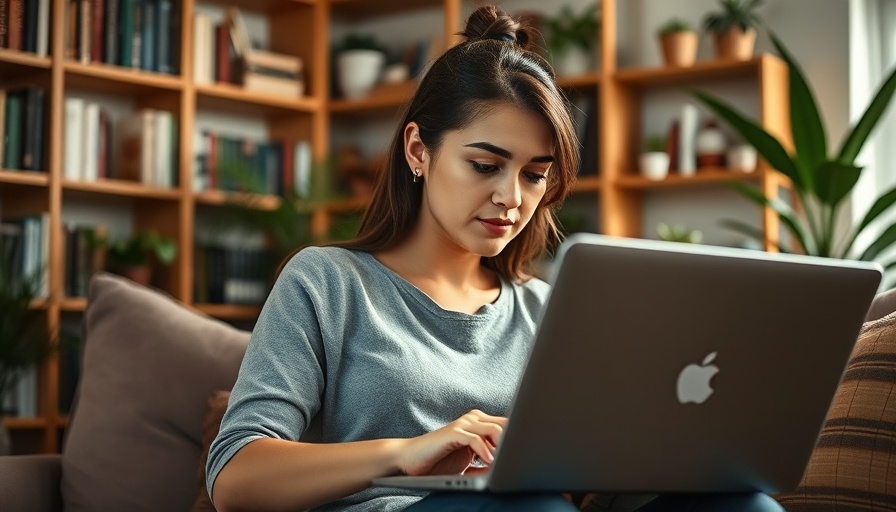 Woman studying AI stocks on laptop at home.