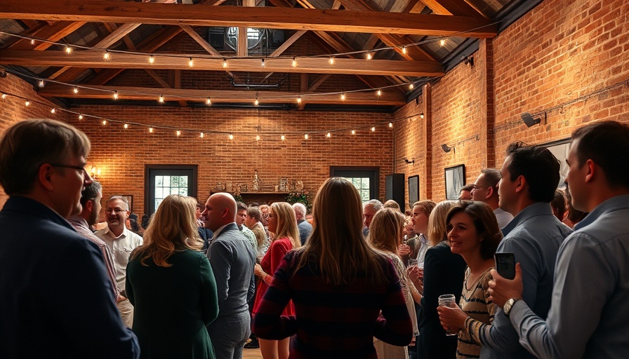 Lively charity event gathering for autism support in a warmly lit hall.