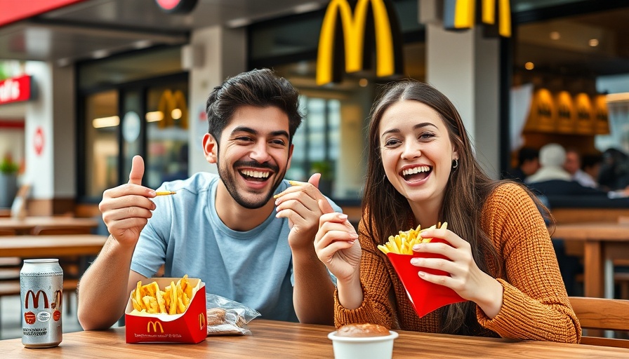 Happy couple enjoying McDonald's, playful moment.