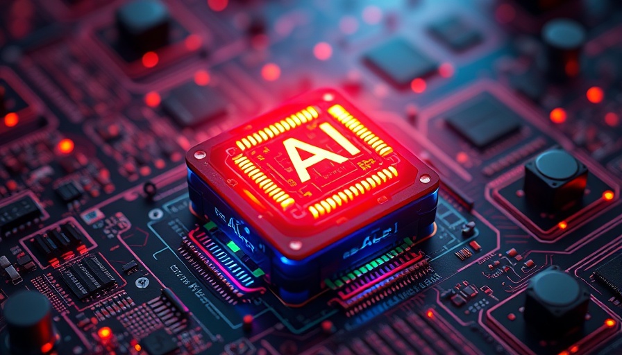 Futuristic AI processor on a digital circuit, vivid neon colors.