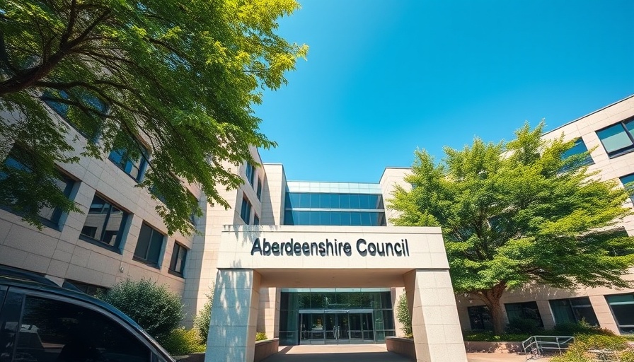 Aberdeenshire Council building with pathway and sign, related to Autism and ADHD assessments cuts.