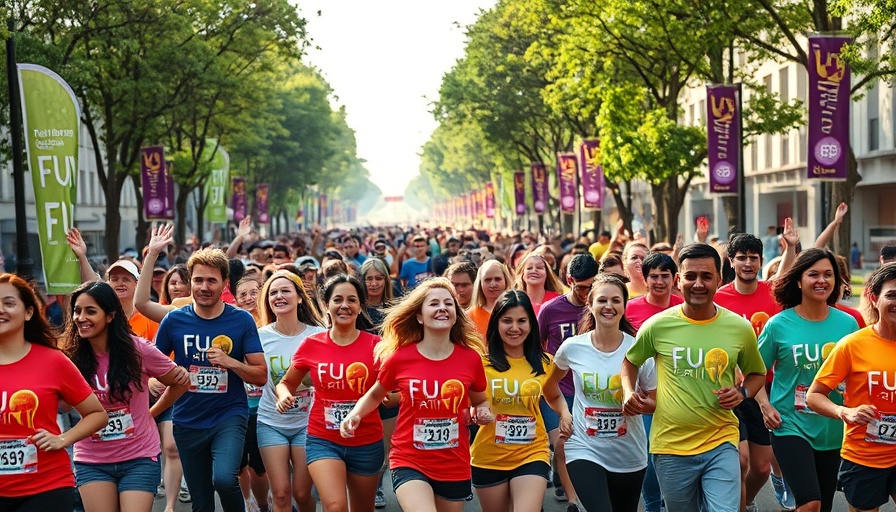 Joyful participants at Autism Awareness Fun Run holding hands on tree-lined street.