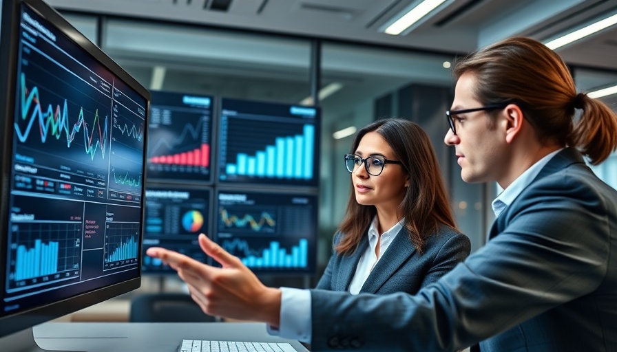 Professionals analyzing data amid Palantir stock drops on a digital screen.