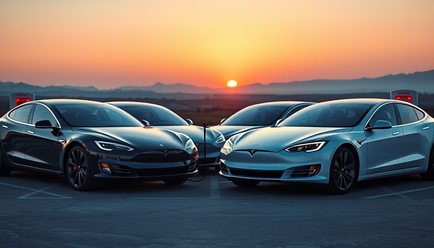 Tesla vehicles charging at sunset, serene ambiance.