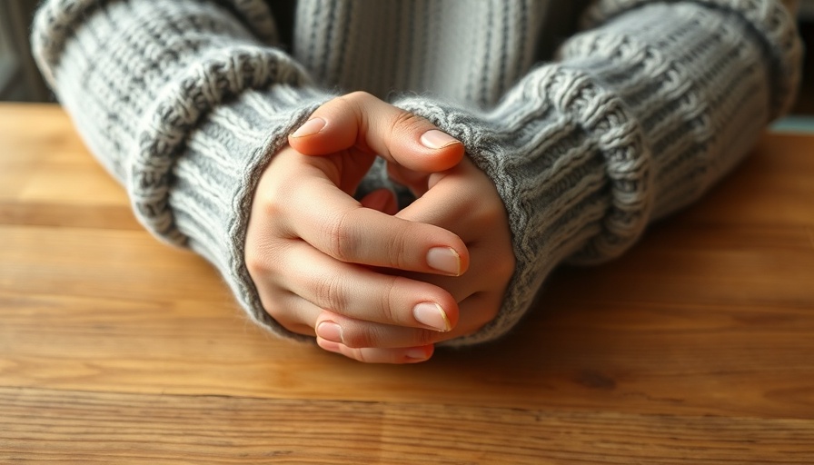 Close-up of hands in a gray sweater, emphasizing detail, anxiety.