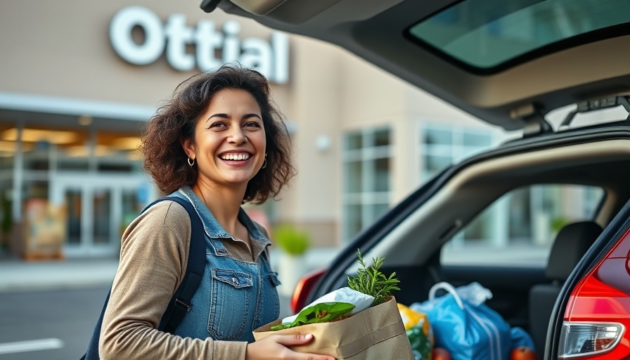 Young woman loading groceries in Costco parking lot for retirees.