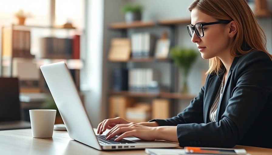 Woman analyzing market data on laptop in office setting.